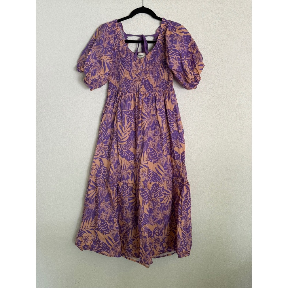 Umgee Purple Peach Tropical Floral Smocked Puff Sleeve Midi Dress Medium C4382